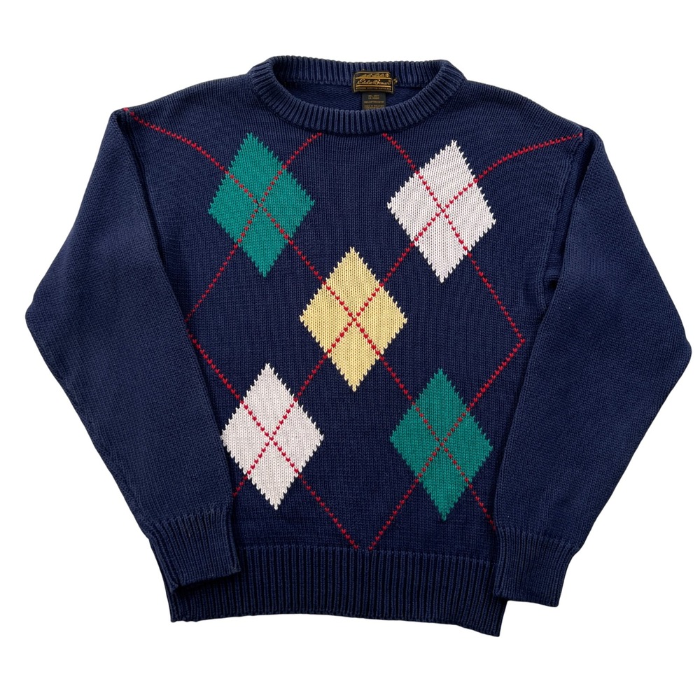 VTG 90s Eddie Bauer Argyle Sweater Mens M Navy Cotton Knit Crewneck Ivy Preppy